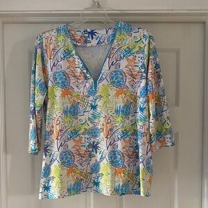 Tropical Shell Print V-Neck Tunic — Blue, Green, Orange.  Lulu-B.   Sz.  L